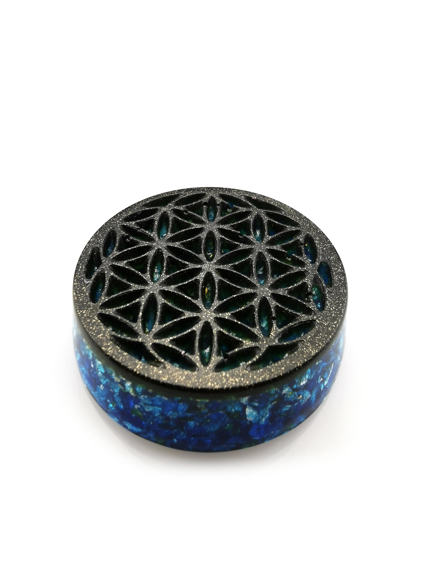 Jet Black and Blue Flower of Life Orgone Healing Puck by OrgoneVibes