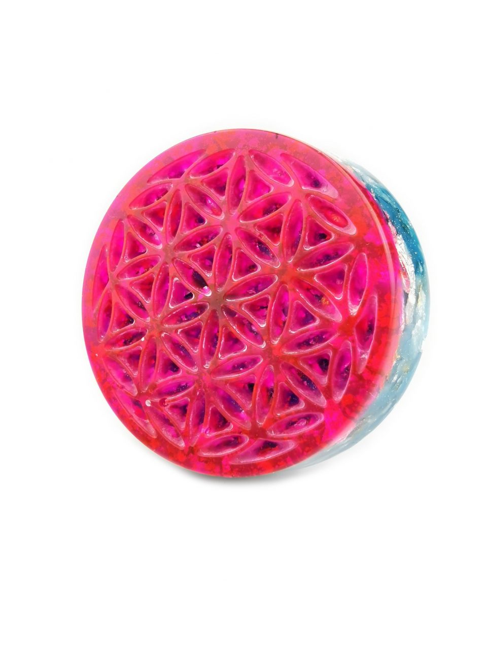Pink and Blue Flower of Life Orgone Puck by OrgoneVibes